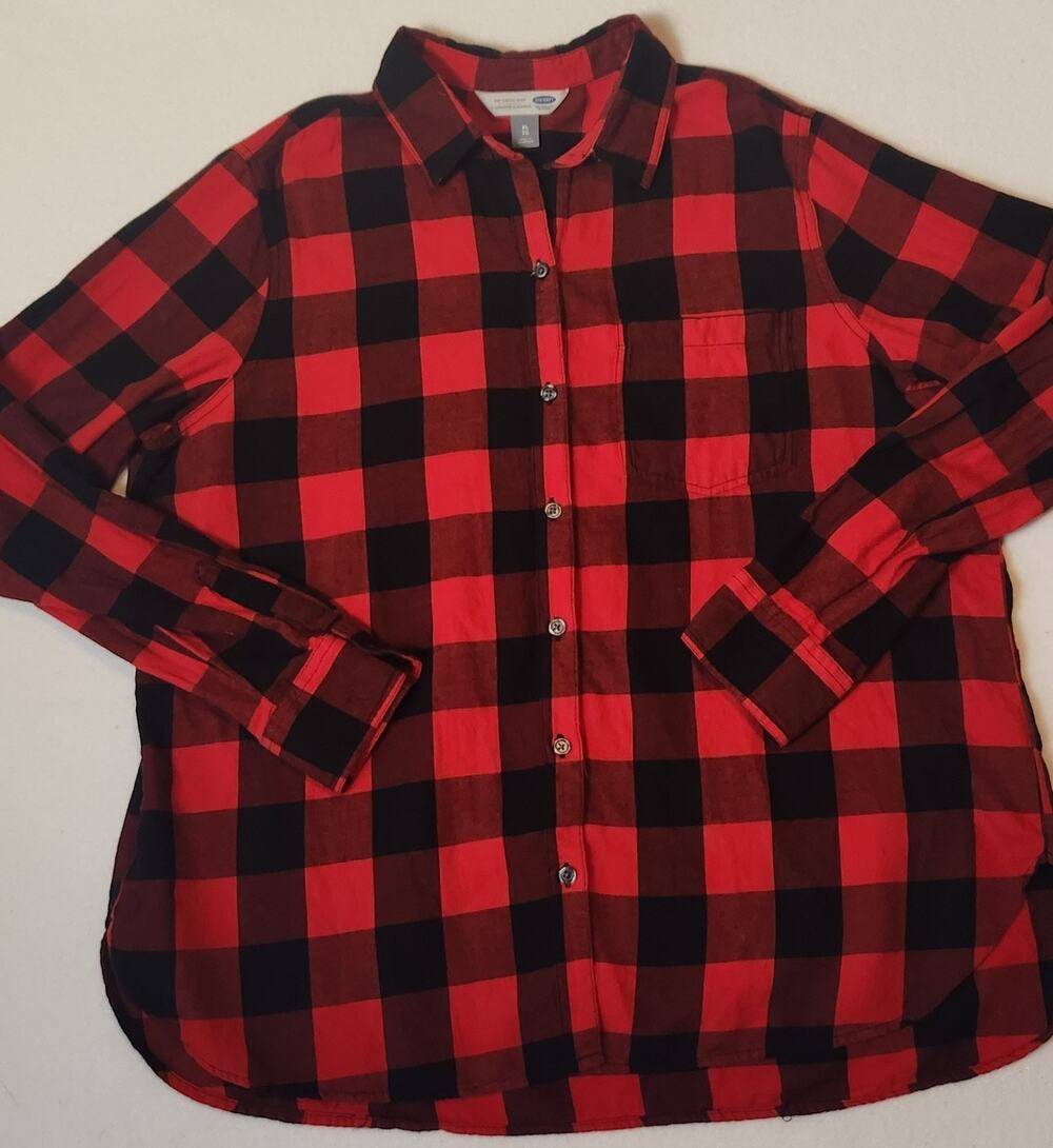 Old Navy The Classic Shirt Long Sleeve Button Up Red Buffalo Plaid Womens XL TG